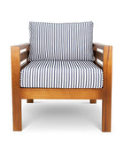 Pine patio armchair with navy blue striped canvas cushions