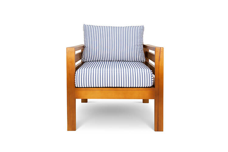 Pine patio armchair with royal blue striped canvas cushions