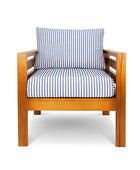 Pine patio armchair with royal blue striped canvas cushions