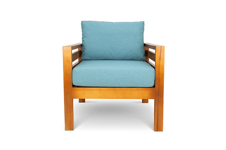 Pine patio armchair with aqua canvas cushions