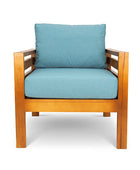 Pine patio armchair with aqua canvas cushions