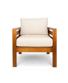 Pine patio armchair with stone striped canvas cushions