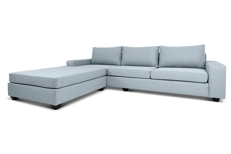 Euro four seater  L shape couch in pale blue linen angled view