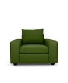 Euro single seater couch in avocado green linen front view