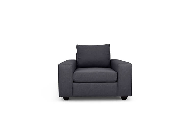 Euro single seater couch in charcoal linen front view