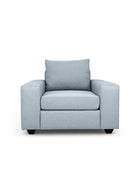 Euro single seater couch in pale blue linen front view