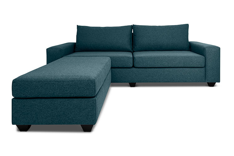 Euro three seater L shape couch in midnight blue linen front view