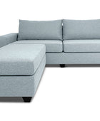 Euro three seater L shape couch in pale blue linen front view