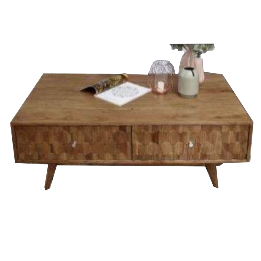 Wooden coffee table with decorative items on a white background
