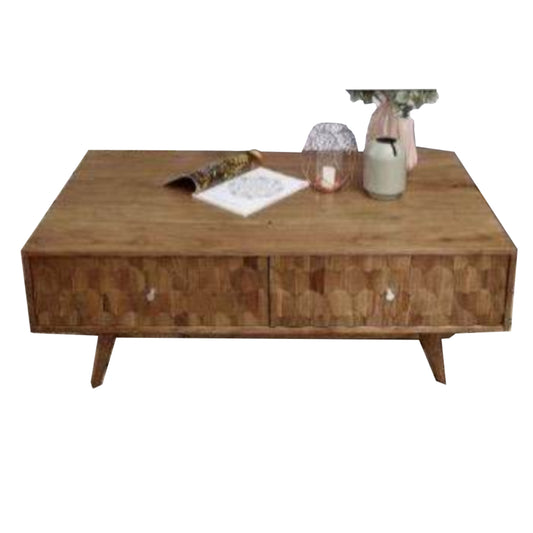 Wooden coffee table with decorative items on a white background