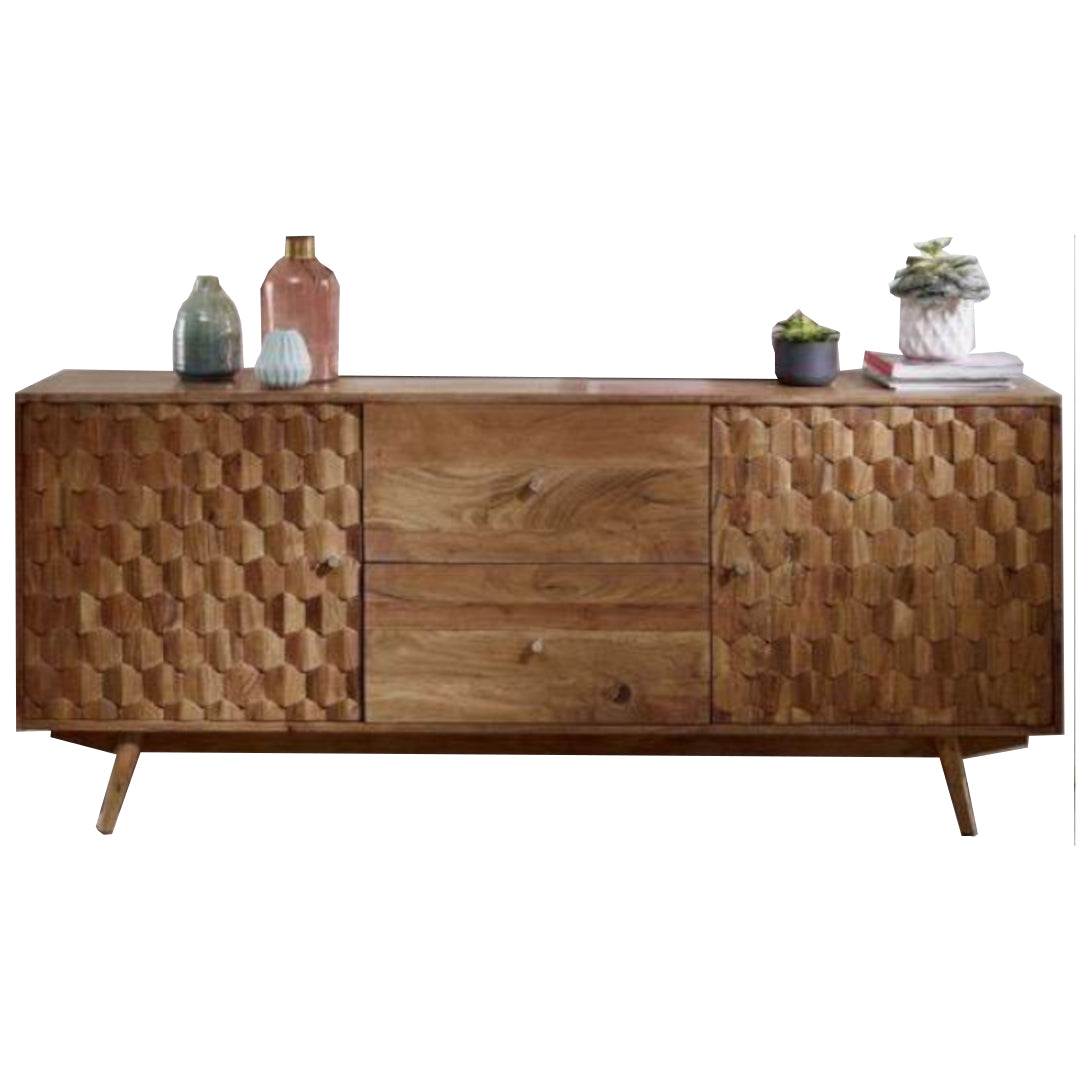 Wooden sideboard with geometric pattern on a white background