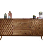 Wooden sideboard with geometric pattern on a white background