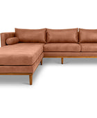 Harrison four seater L shape couch in cafe au lait brown imitation leather front view