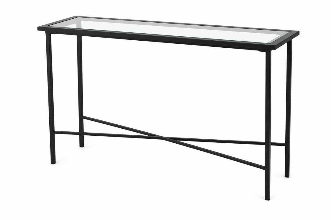 Sadie console in black metal with a glass top