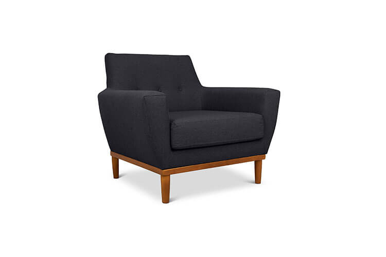 Jansen single seater couch charcoal linen angled view