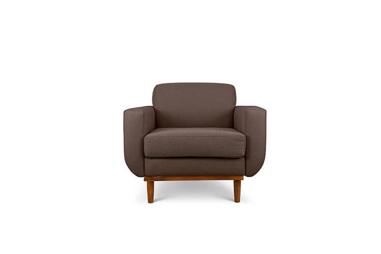 Oslo single seater couch in dark brown linen fabric front view