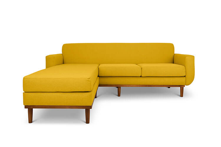 Oslo L shape couch in yellow linen fabric front view