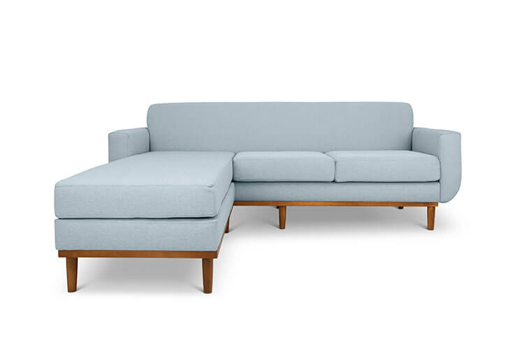 Oslo L shape couch in pale blue linen fabric front view