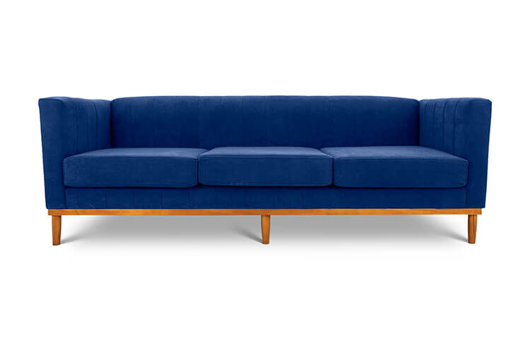 Shelley three seater couch jet blue suede front view