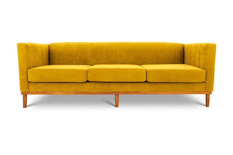 Shelley three seater couch ochre yellow suede front view