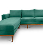 Sophia L shape couch in seaweed green suede fabric front view