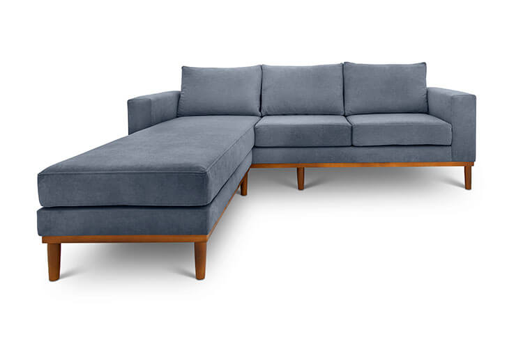 Sophia L shape couch in slate suede fabric front view